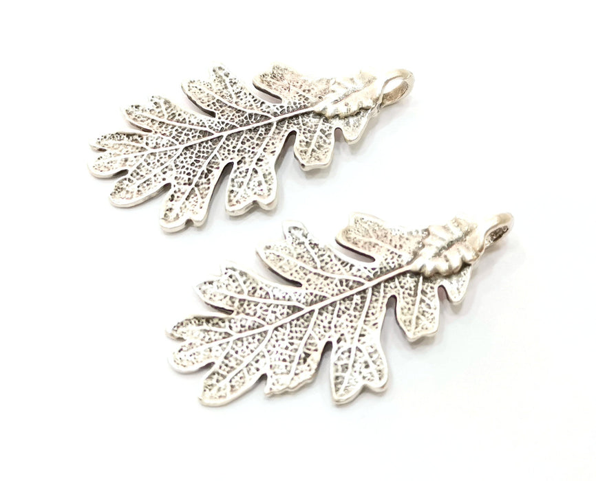 2 Silver Leaf Charms Double sided Antique Silver Plated Charms (47x26mm) G19075