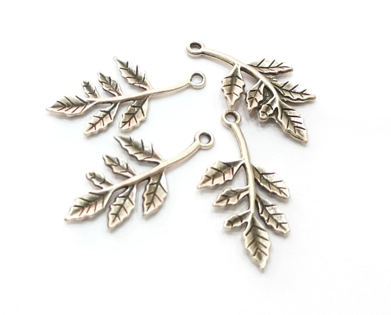 10 Silver Leaf Branch Charms Antique Silver Plated Charms (29x15mm) G19077