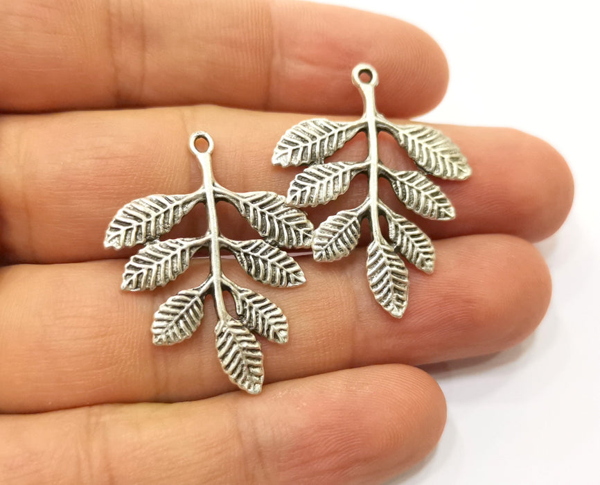 4 Silver Leaf Branch Charms Antique Silver Plated Charms (35x28mm) G19086