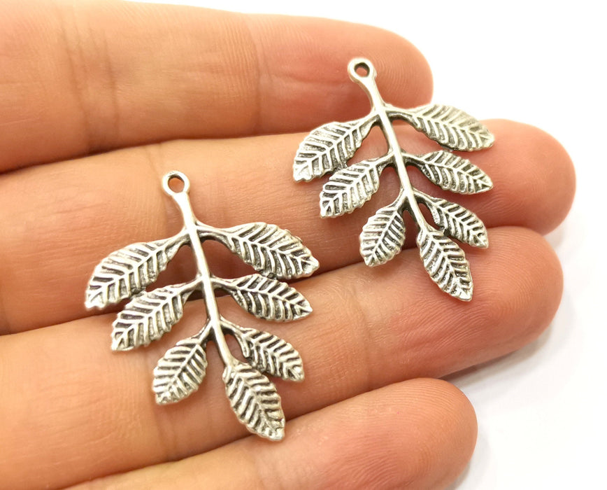 4 Silver Leaf Branch Charms Antique Silver Plated Charms (35x28mm) G19086