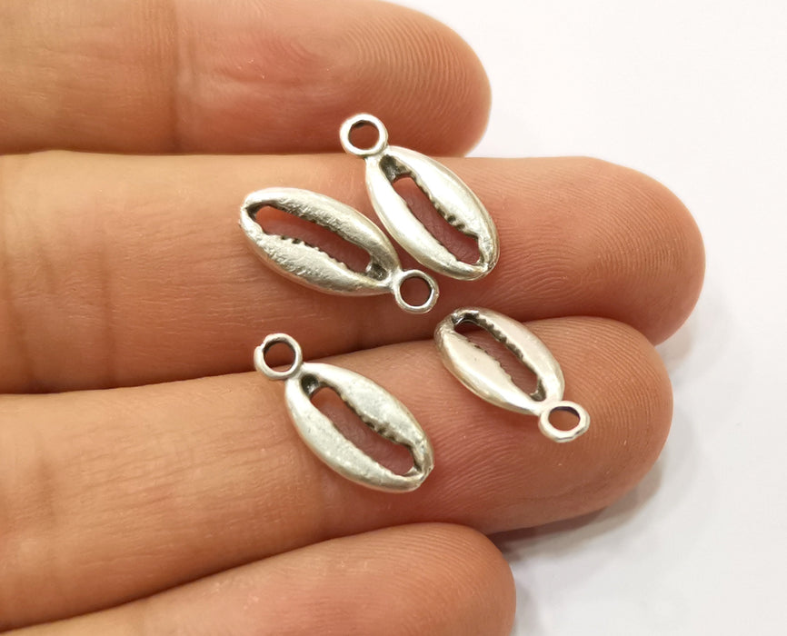 10 Cowrie Shell Charms Silver Charms Antique Silver Plated Charm (16x7mm) G19093