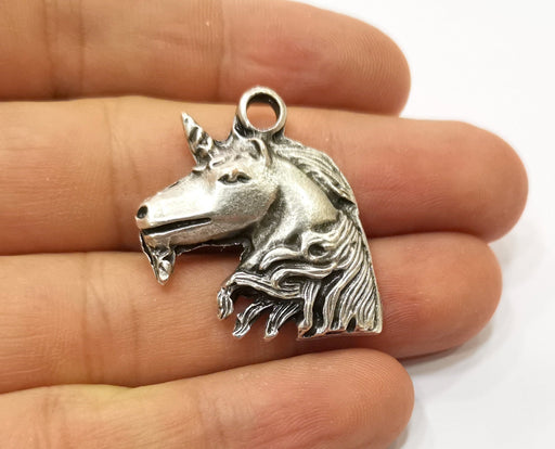 2 Silver Unicorn Pendant Antique Silver Plated Pendant (33x29mm)  G19097