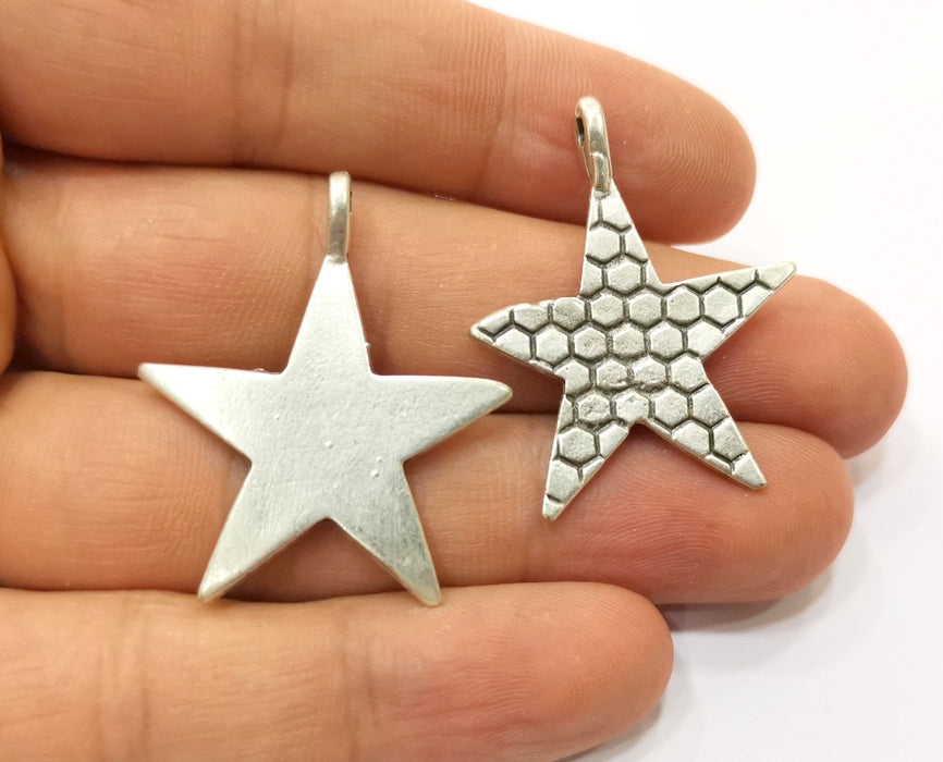 2 Silver Star Pendant Antique Silver Plated Pendant (35x29mm) G19100