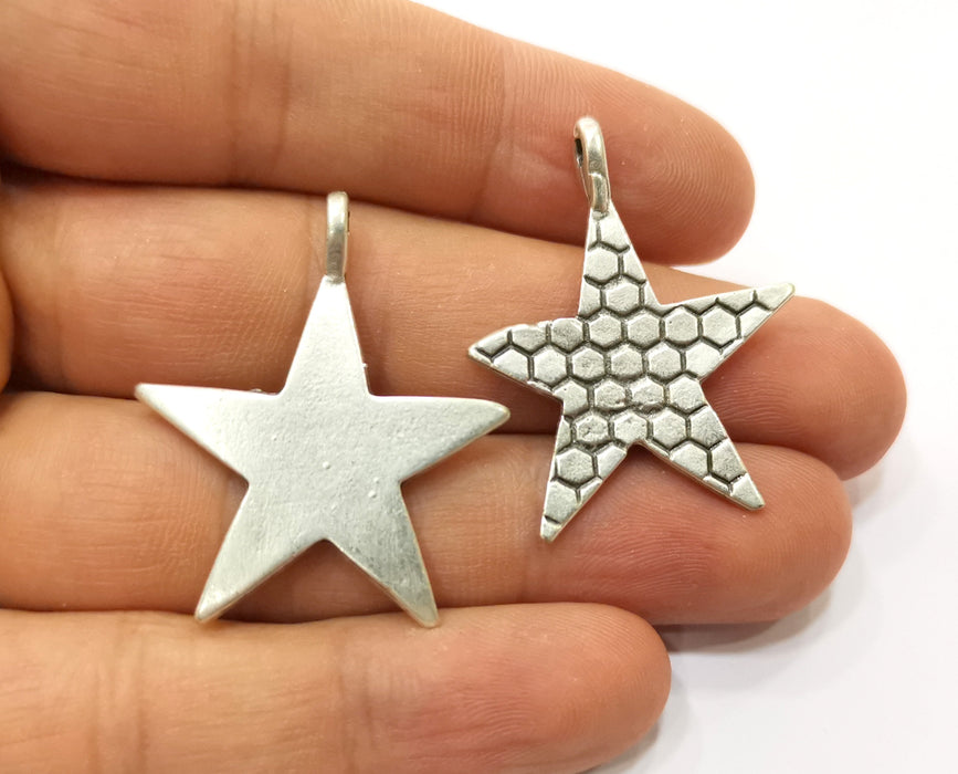 2 Silver Star Pendant Antique Silver Plated Pendant (35x29mm) G19100