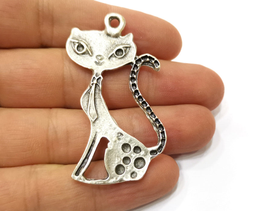 2 Cat Charms Antique Silver Plated Charms (56x29mm)  G19106