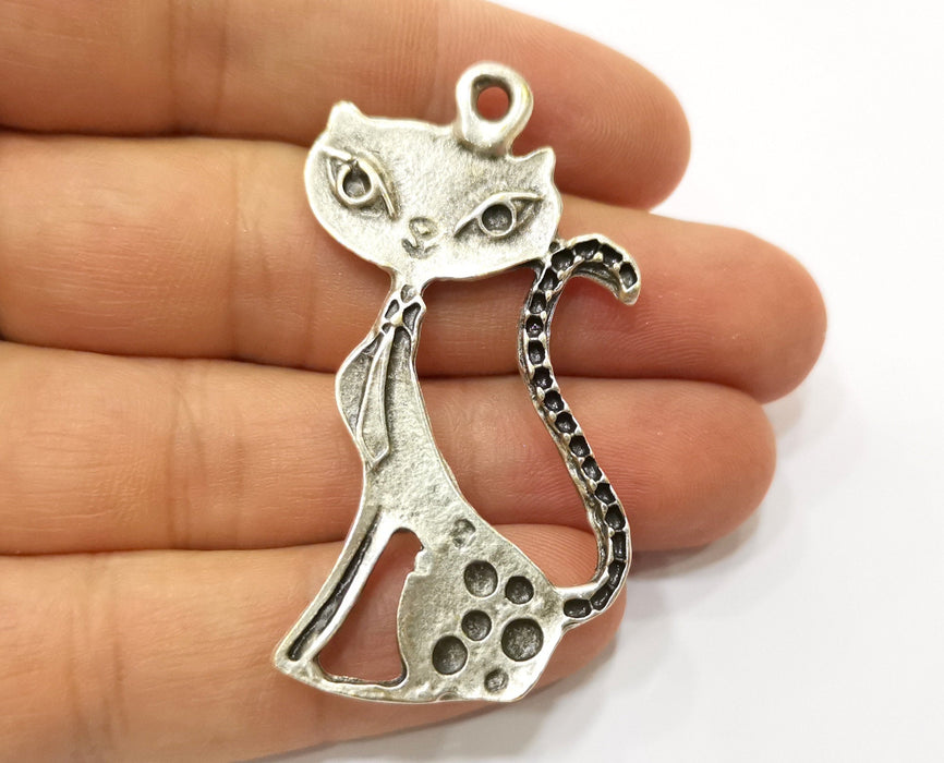 2 Cat Charms Antique Silver Plated Charms (56x29mm)  G19106