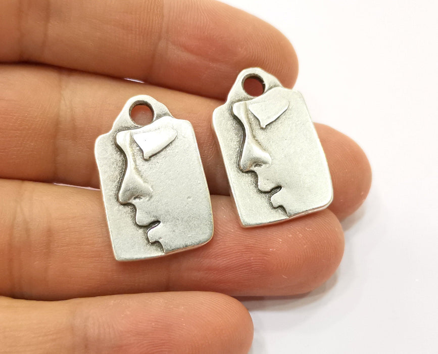 2 Silver Face Pendant Antique Silver Plated Pendant (27x17mm)  G19116