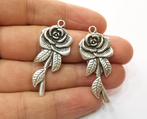 2 Silver Rose Charms Antique Silver Plated Charms (42x18mm) G19134