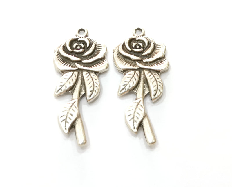 2 Silver Rose Charms Antique Silver Plated Charms (42x18mm) G19134