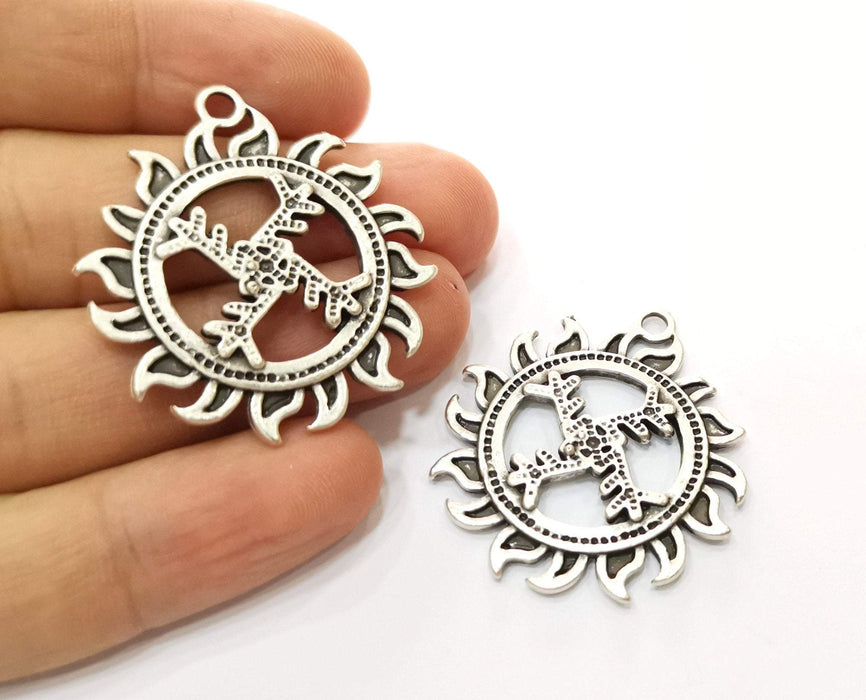 2 Sun Charms Antique Silver Plated Charms (41x36mm)  G19140