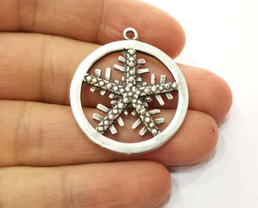 2 Snow Flake Charms Antique Silver Plated Charms (36x32mm)  G19142