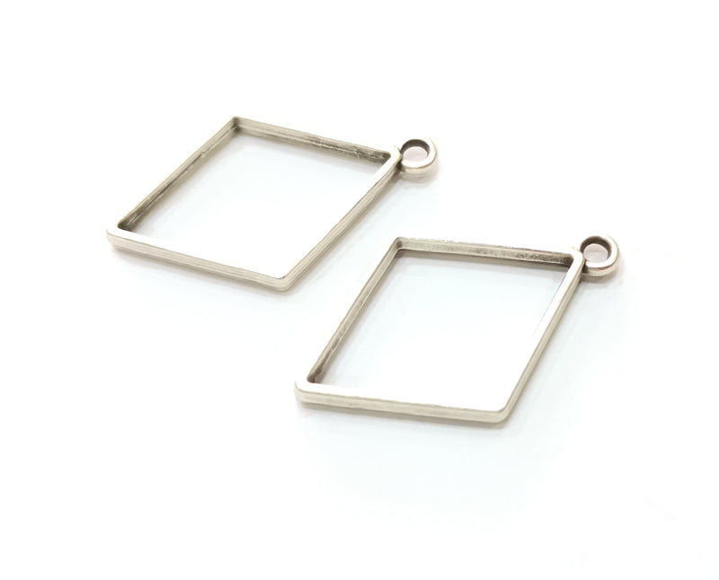 4 Silver Diamond Bezel Charms Antique Silver Plated Charms (38x24mm) G19144