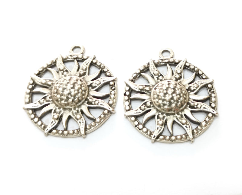 2 Silver Sun Charms Antique Silver Plated Charms (36x31mm)  G19155