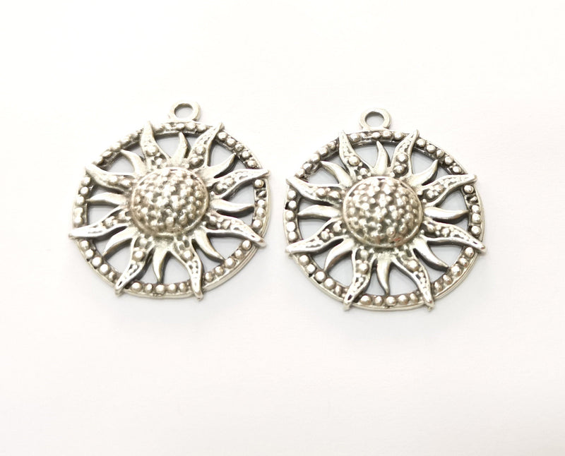 2 Silver Sun Charms Antique Silver Plated Charms (36x31mm)  G19155