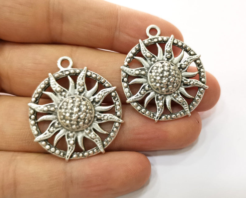 2 Silver Sun Charms Antique Silver Plated Charms (36x31mm)  G19155