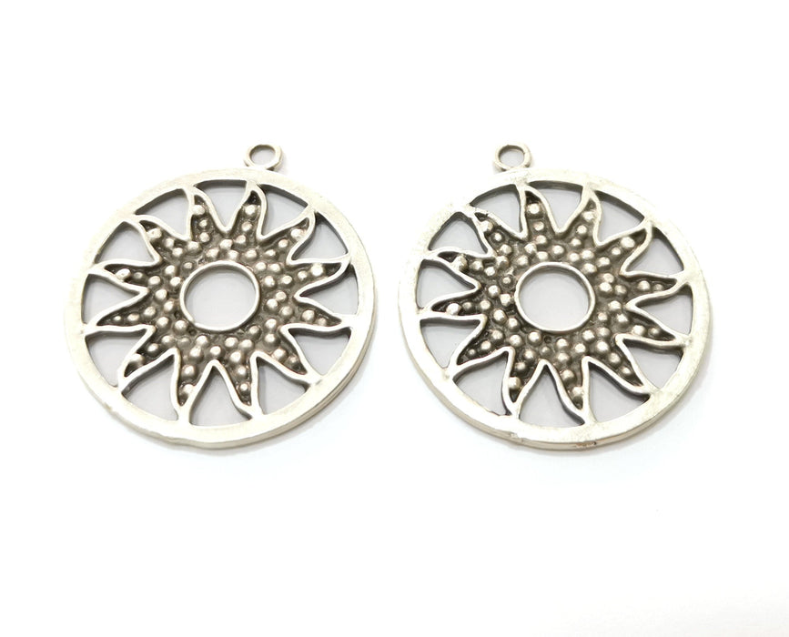 2 Silver Sun Charms Antique Silver Plated Charms (36x32mm)  G19158