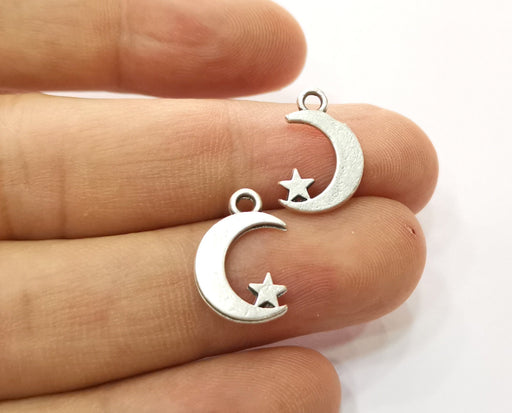 20 Silver Crescent Star Charms Antique Silver Plated Charms (17x11mm)  G19162