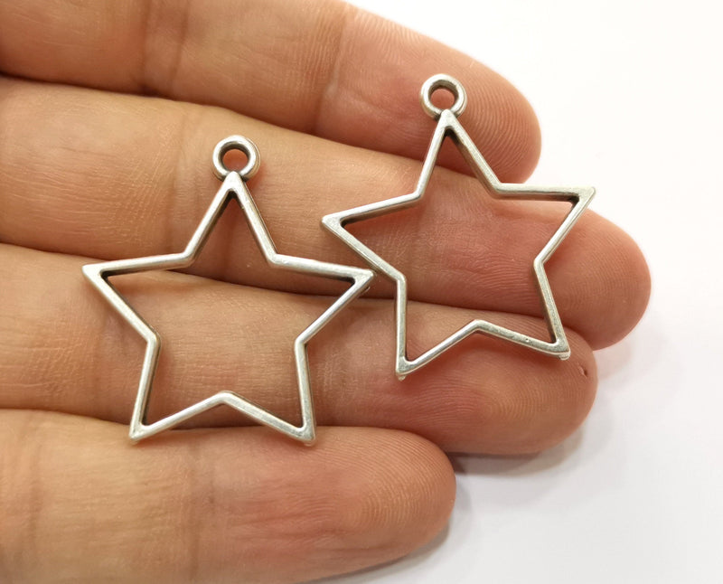 4 Star Bezel Charms Antique Silver Plated Charms (33x31mm) G19163