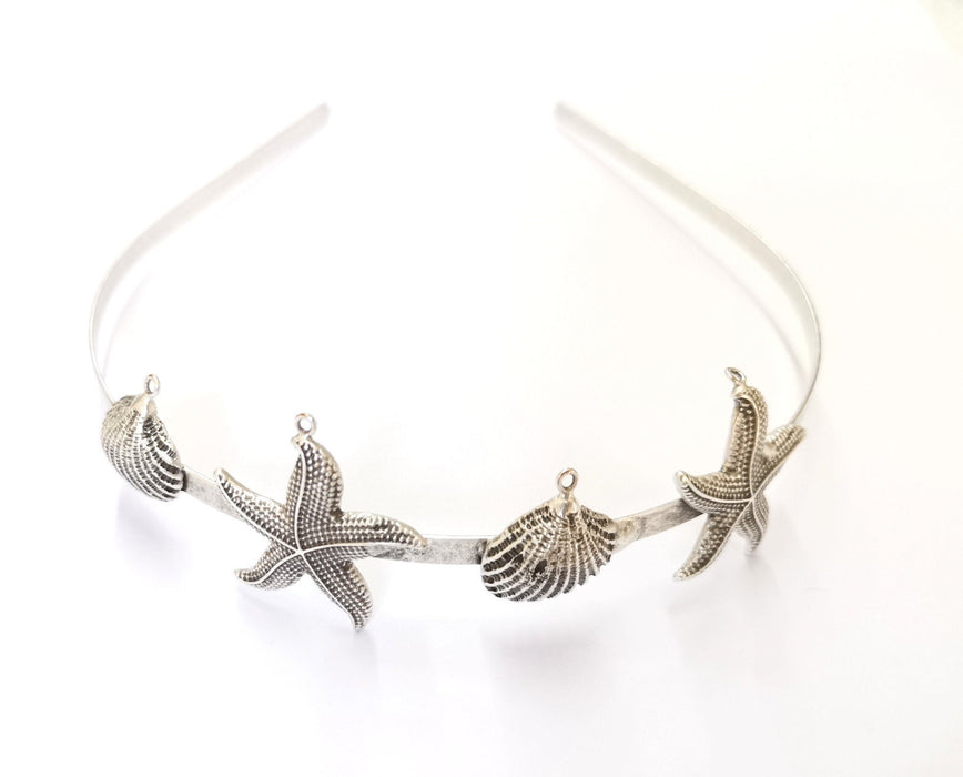 Starfish and Seashell Crown Headband Base Blanks Circlet Settings Antique Silver Plated Brass Adjustable  G19579