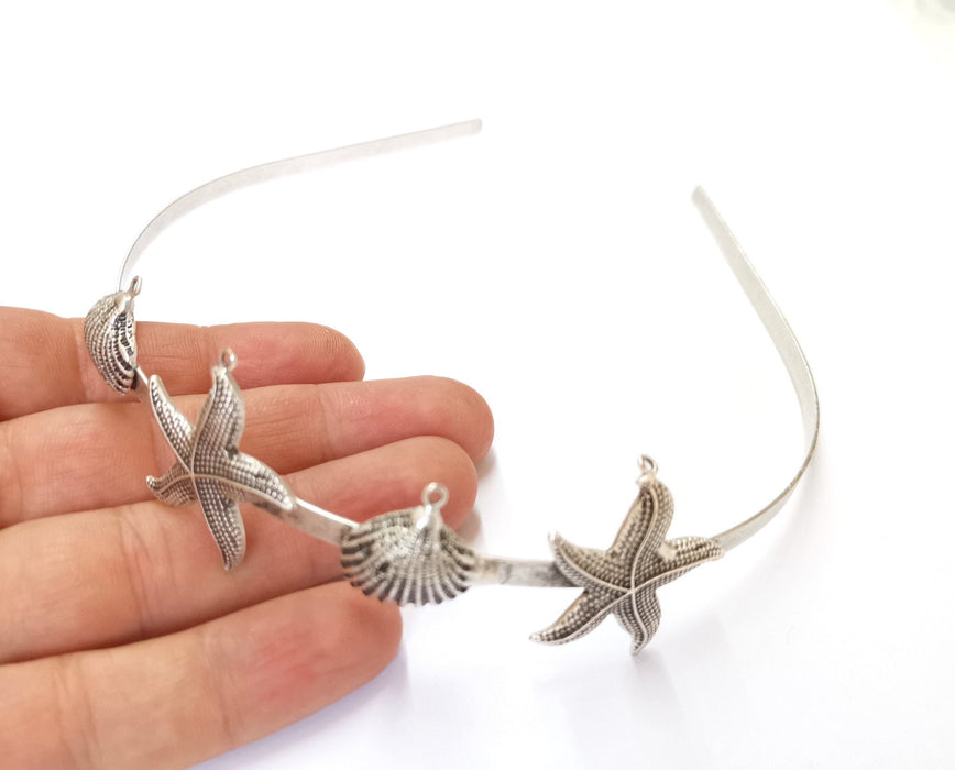 Starfish and Seashell Crown Headband Base Blanks Circlet Settings Antique Silver Plated Brass Adjustable  G19579