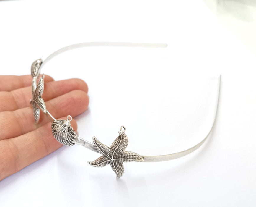 Starfish and Seashell Crown Headband Base Blanks Circlet Settings Antique Silver Plated Brass Adjustable  G19579