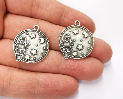 4 Space Charms Antique Silver Plated Charms (29x24mm) G19582