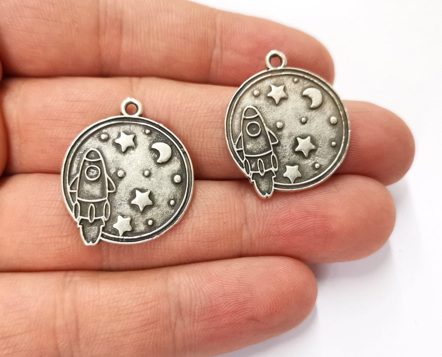 4 Space Charms Antique Silver Plated Charms (29x24mm) G19582