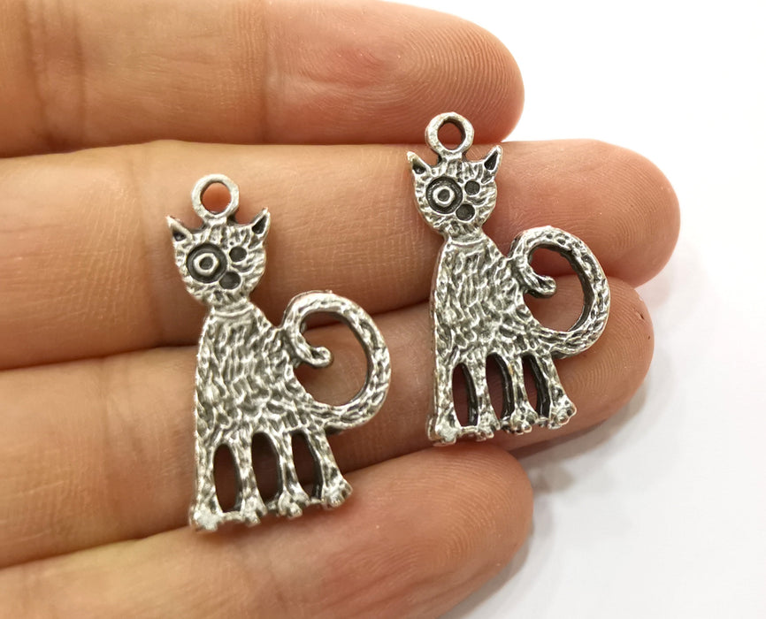 2 Cat Charm Antique Silver Plated Charms (32x18mm)  G19177