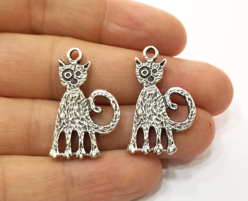 2 Cat Charm Antique Silver Plated Charms (32x18mm)  G19177