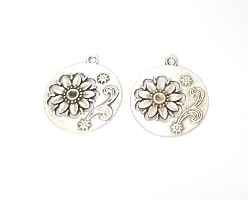 2 Flowers Charms Antique Silver Plated Charms (30x26mm)  G19589