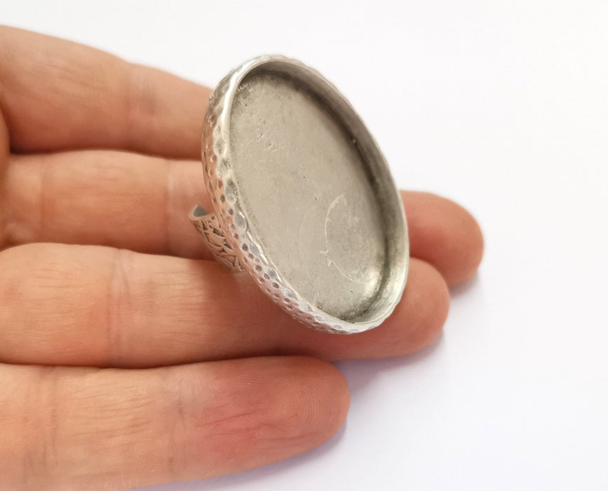Ring Blank Setting Hammered Ring Base Bezel inlay Ring Backs Glass Cabochon Mounting Adjustable Antique Silver Plated Ring (40x30mm ) G19602
