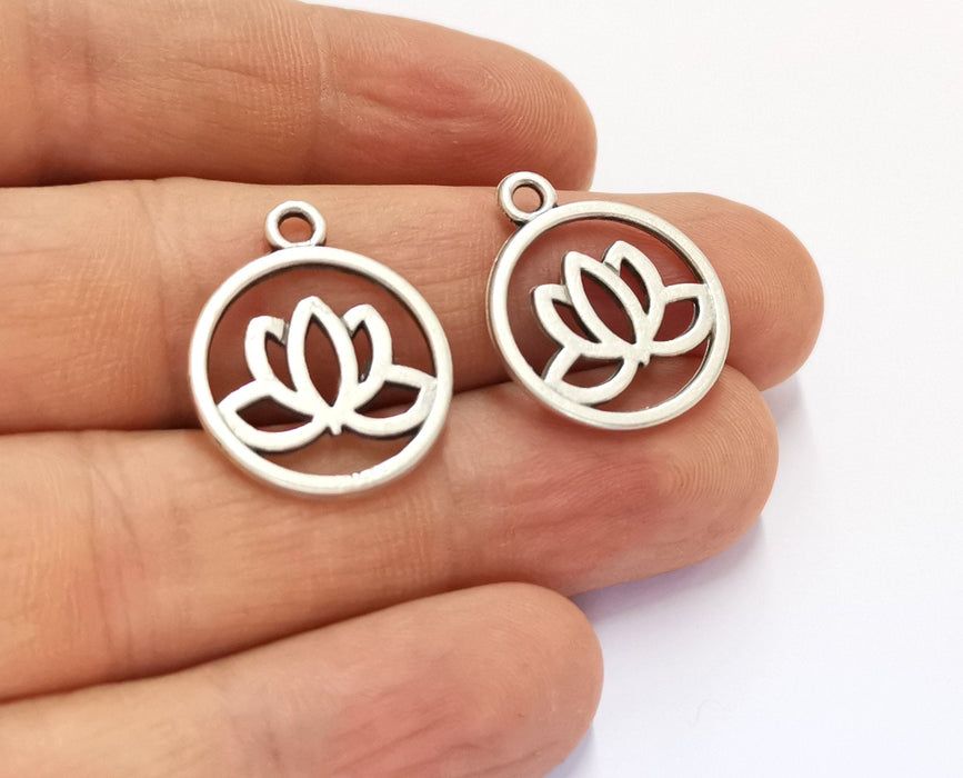 6 Lotus Charms Antique Silver Plated Charms (24x20mm)  G19606