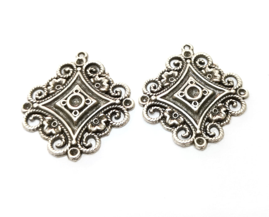 2 Filigree Charms Antique Silver Plated Charm (36x33mm) G19206