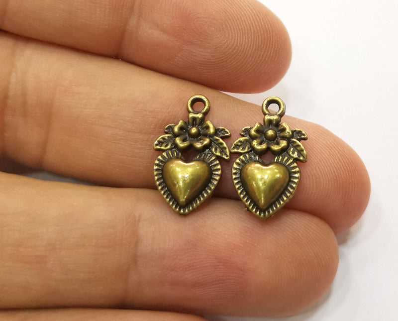 10 Heart Flower Charms Antique Bronze Plated Charms (18x11mm) G19283