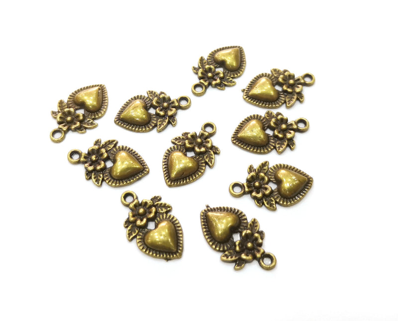 10 Heart Flower Charms Antique Bronze Plated Charms (18x11mm) G19283