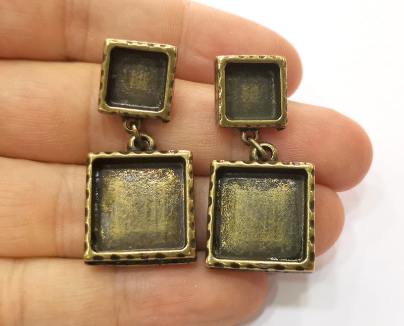 Earring Blank Backs Hammered Antique Bronze Resin Base inlay Blank Cabochon Mountings Antique Bronze (16+10mm Square blanks) 1 pair G19288