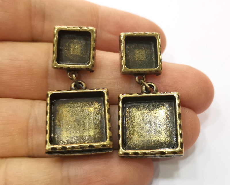 Earring Blank Backs Hammered Antique Bronze Resin Base inlay Blank Cabochon Mountings Antique Bronze (16+10mm Square blanks) 1 pair G19288