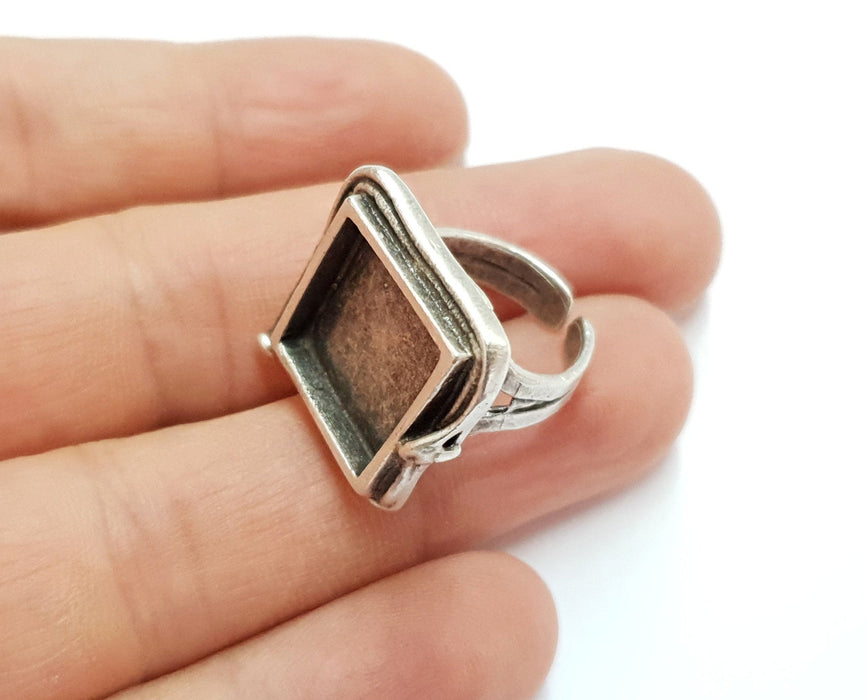 Silver Ring Blank Square Ring Blank, Bezel Settings,Cabochon Base,Mountings (15x15 mm Blank) Silver Plated Brass G19685