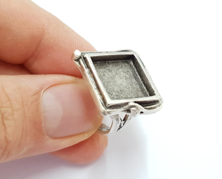 Silver Ring Blank Square Ring Blank, Bezel Settings,Cabochon Base,Mountings (15x15 mm Blank) Silver Plated Brass G19685