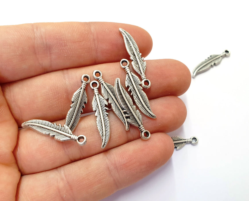 10 Feather Charms Antique Silver Plated Charms (27x6mm)  G19771