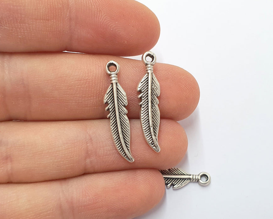 10 Feather Charms Antique Silver Plated Charms (27x6mm)  G19771