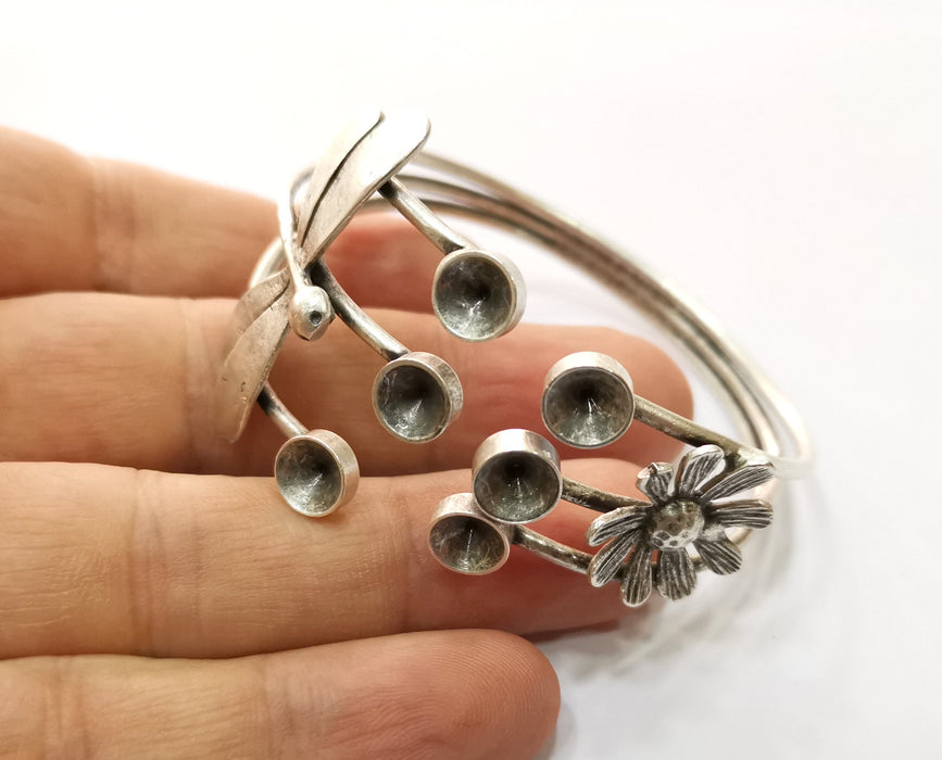 Dragonfly Flower Silver Bracelet Blanks Cuff Blanks Adjustable Blank Antique Silver Plated Brass ( 7mm Cone Blanks ) G19706