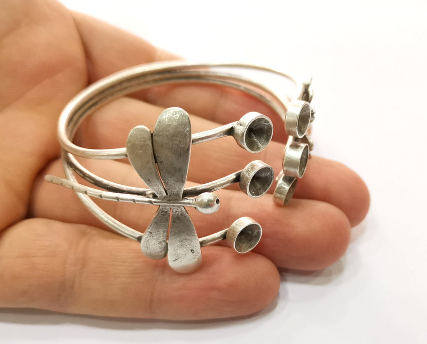 Dragonfly Flower Silver Bracelet Blanks Cuff Blanks Adjustable Blank Antique Silver Plated Brass ( 7mm Cone Blanks ) G19706