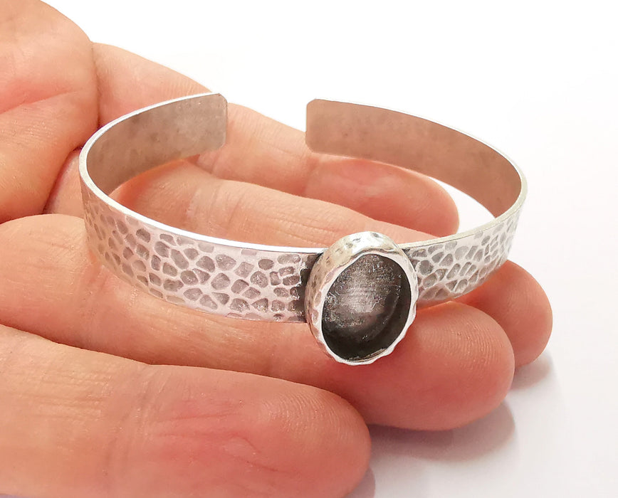 Bracelet Blank Resin Bangle Dry Flower inlay Blank Cuff Bezel Glass Cabochon Base Textured Adjustable Antique Silver (14x10mm ) G19858