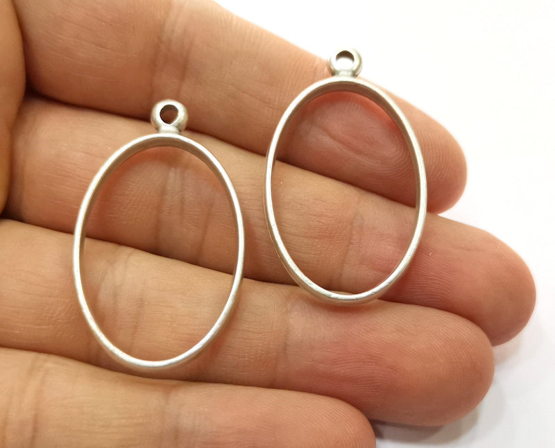 4 Oval Bezel Charms Antique Silver Plated Charms (39x23mm) G19439