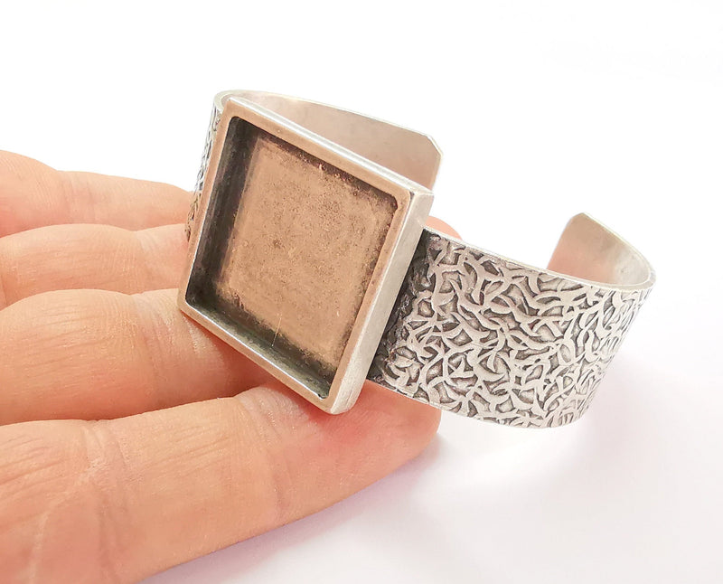 Bracelet Blank Resin Bangle Dry Flower inlay Blank Cuff Bezel Glass Cabochon Base Textured Adjustable Antique Silver (25x25mm ) G19851