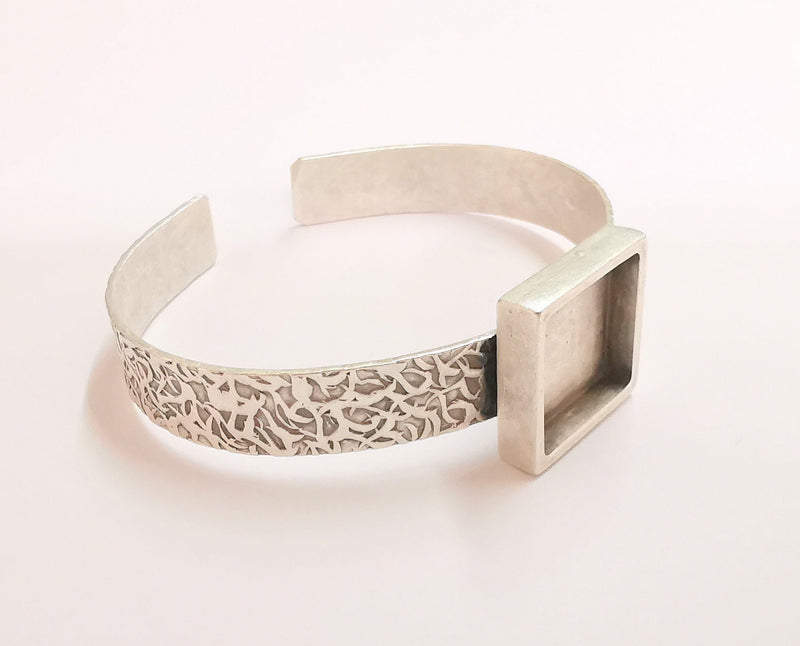 Bracelet Blank Resin Bangle Dry Flower inlay Blank Cuff Bezel Glass Cabochon Base Textured Adjustable Antique Silver (16x16mm ) G19868