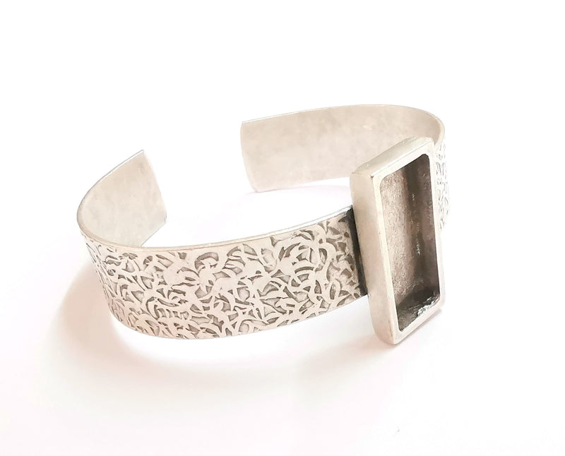 Bracelet Blank Resin Bangle Dry Flower inlay Blank Cuff Bezel Glass Cabochon Base Textured Adjustable Antique Silver (25x10mm ) G19869