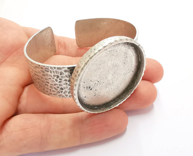 Bracelet Blank Resin Bangle Dry Flower inlay Blank Cuff Bezel Glass Cabochon Base Hammered Adjustable Antique Silver (30mm ) G19874