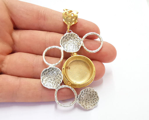 Hammered Circle Pendant Blank Resin Bezel Mosaic Mountings Antique Silver and Gold Plated Brass (80x48mm)( 20mm Bezel Inner Size)  G19878